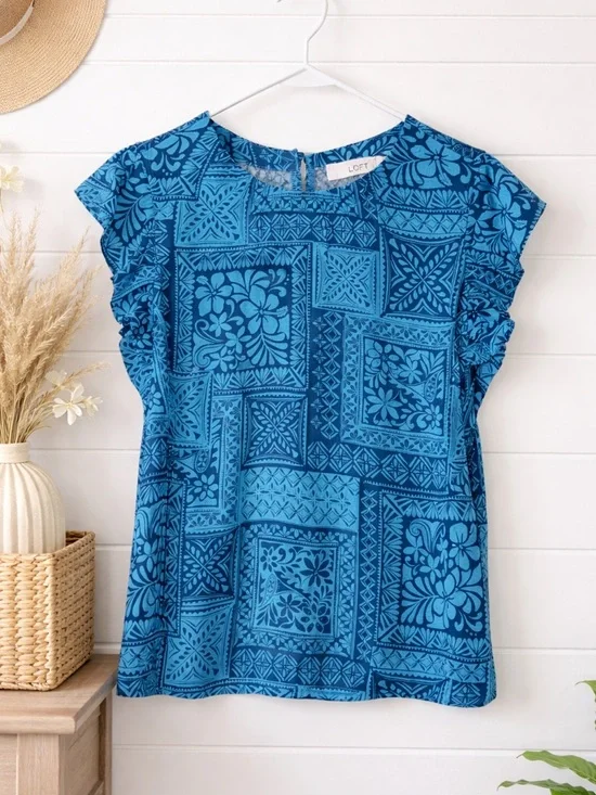 LOFT Teal Geometric Floral Patchwork Blouse Ruffle Sleeve Lightweight Top New - Picture 2 of 5